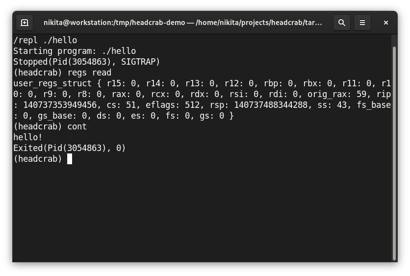 Headcrab command line demonstration